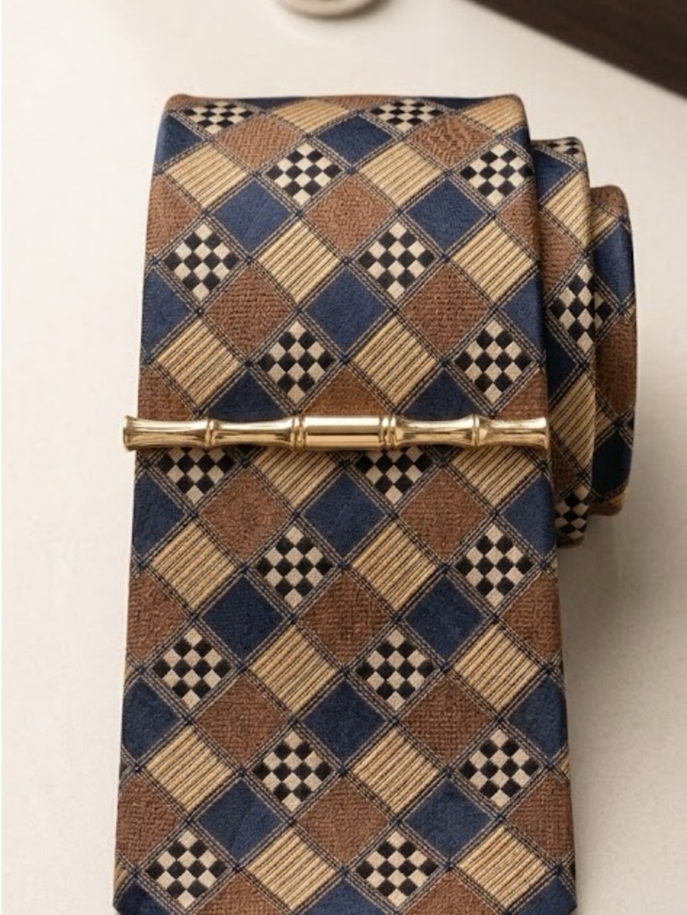 Celine Silk Tie in Navy, Brown & Cream Geometric Pattern - Vintage